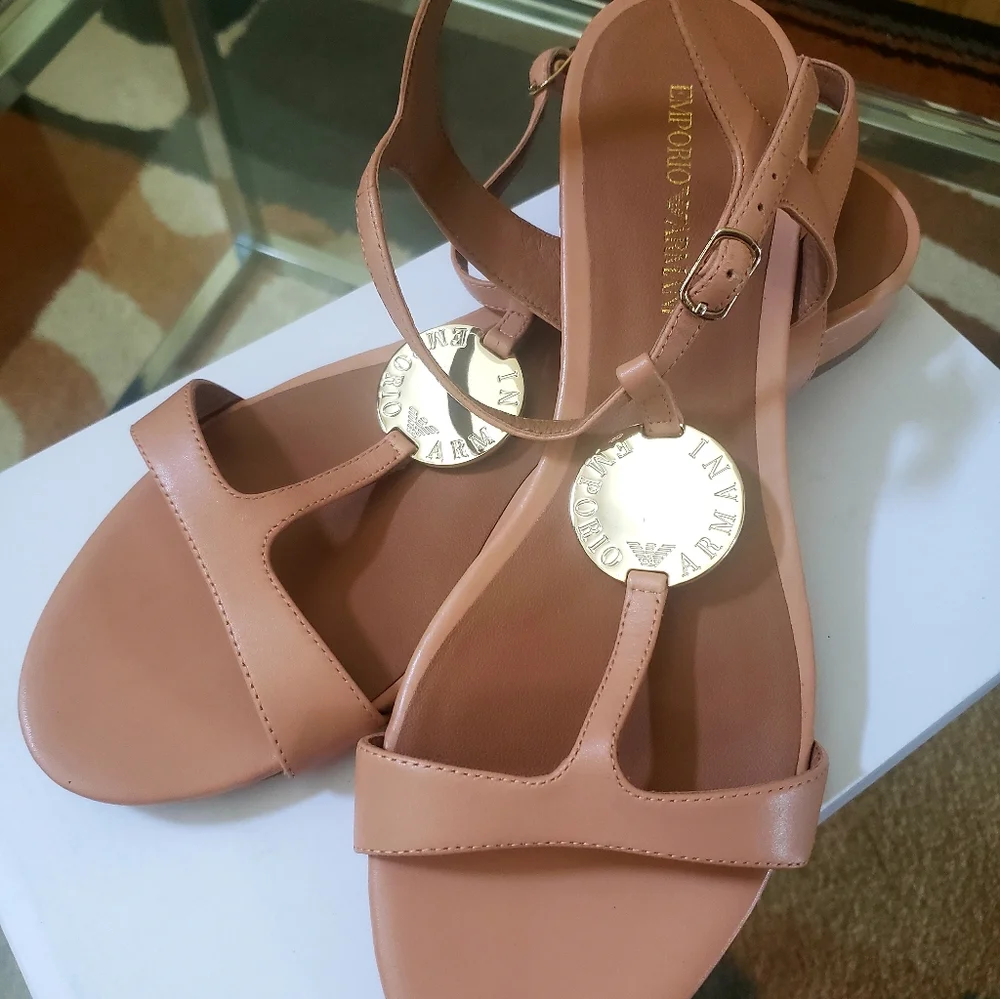 Emporio Armani T-Strap Nude Sandals - Picture 1 of 6